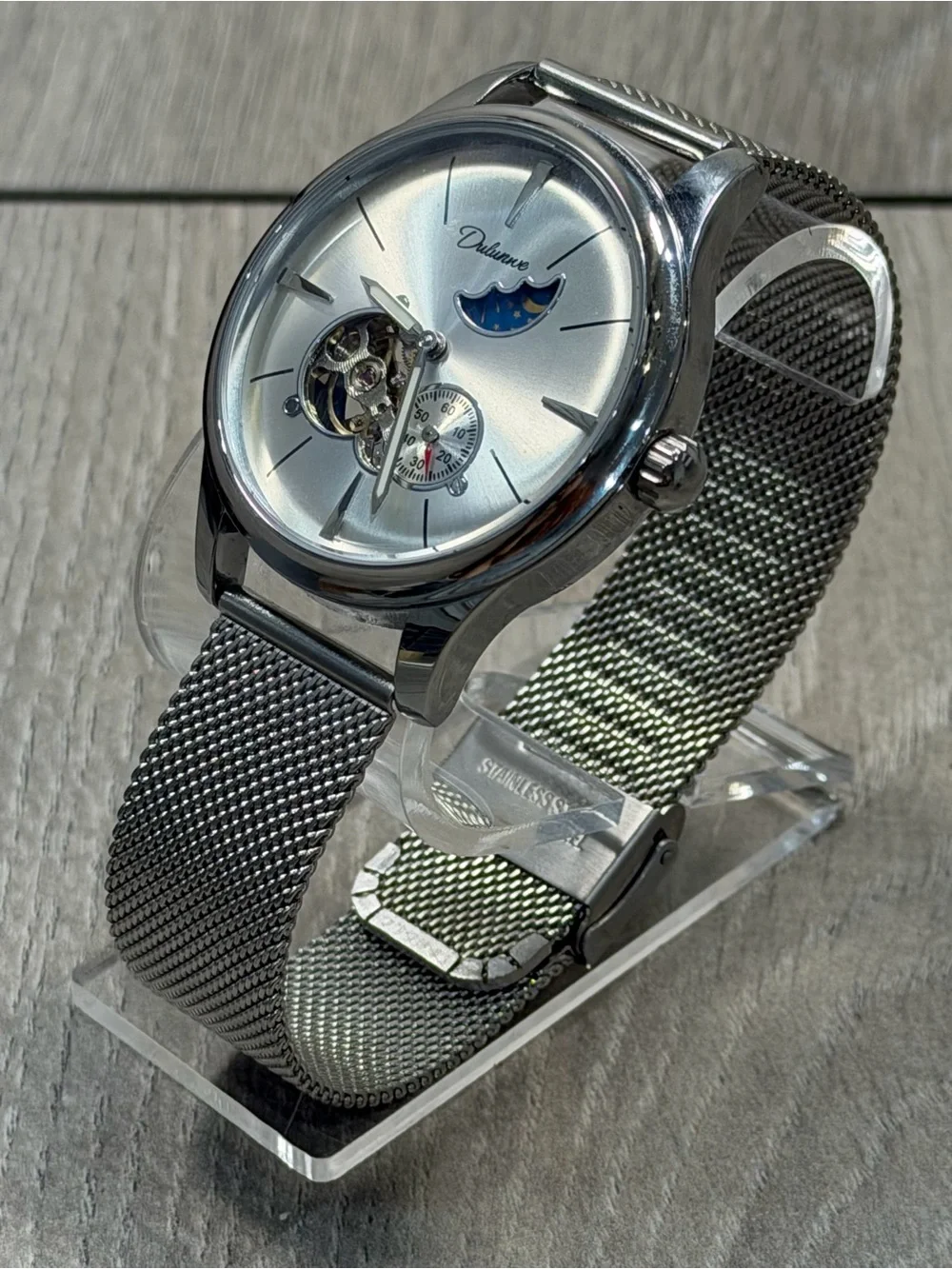 Dulunwe Automatic Men’s Watch 43mm Open Heart Moon Phase Mesh Band Runs